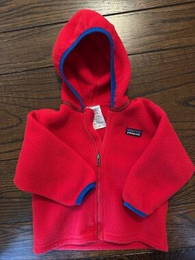 Patagonia 18M Red Fleece Hoodie with Blue Accents
